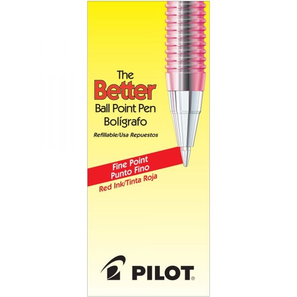 Pilot Better Ballpoint Pen, Stick, Fine 0.7 Mm, Red Ink, Translucent Red Barrel, Dozen