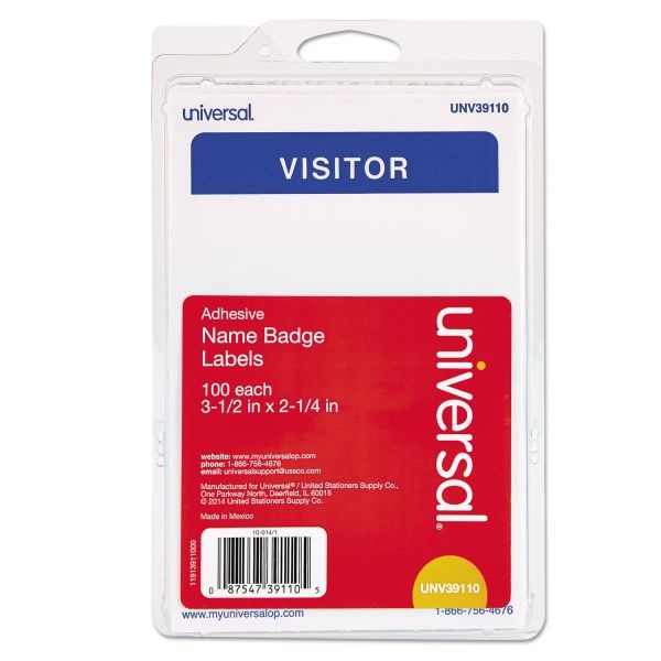Universal Visitor Self-Adhesive Name Badges, 3.5 X 2.25, White/Blue, 100/Pack