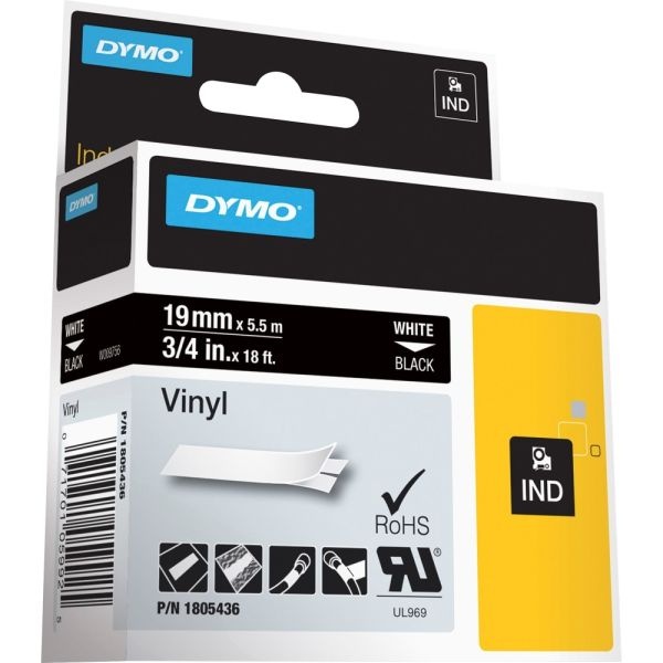 Dymo Vinyl Label Tape Permanent Adhesive, 3/4"W X 18'L, Thermal Transfer, Black/White