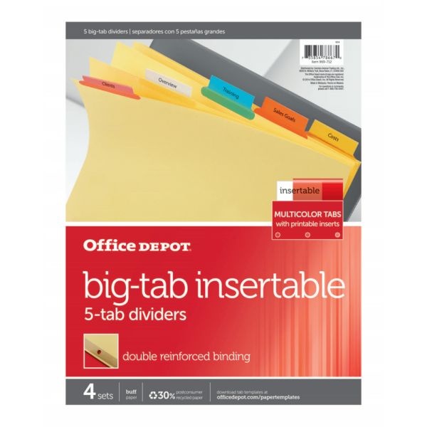 Insertable Dividers With Big Tabs, Buff, Assorted Colors, 5-Tab, Pack Of 4 Sets