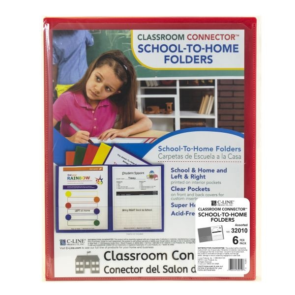 C-Line Classroom Connector Folders, 11 X 8.5, Clear/Assorted, 6/Pack