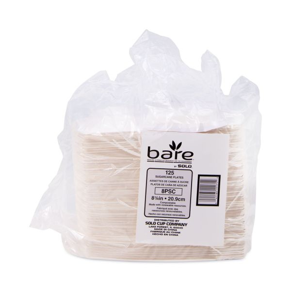 Solo Bare Sugar Cane Plates, 8 1/4", Ivory, 125 Per Bag, Carton Of 4 Bags