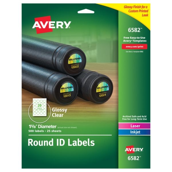 Avery Glossy Clear Print-To-The-Edge Easy Peel Labels With Sure Feed Technology, 6582, Round, 1-5/8" Diameter, Clear, Pack Of 500