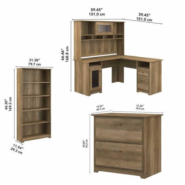 Bush Furniture Cabot L Shaped Desk With Hutch, Lateral File Cabinet And 5 Shelf Bookcase In Reclaimed Pine