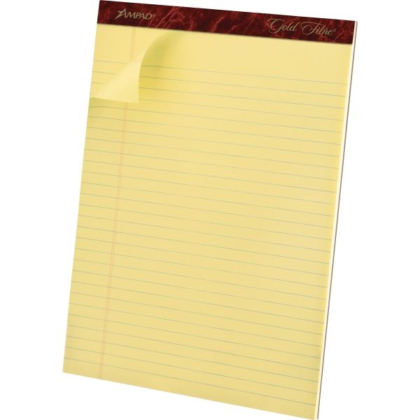 Tops Gold Fibre Premium Rule Writing Pads - Letter - 50 Sheets - Watermark - Stapled/Glued - 0.34" Ruled - 20 Lb Basis Weight - 8 1/2" X 11" - Yellow Paper - Micro Perforated, Bleed-Free, Chipboard Backing - 4 / Pack