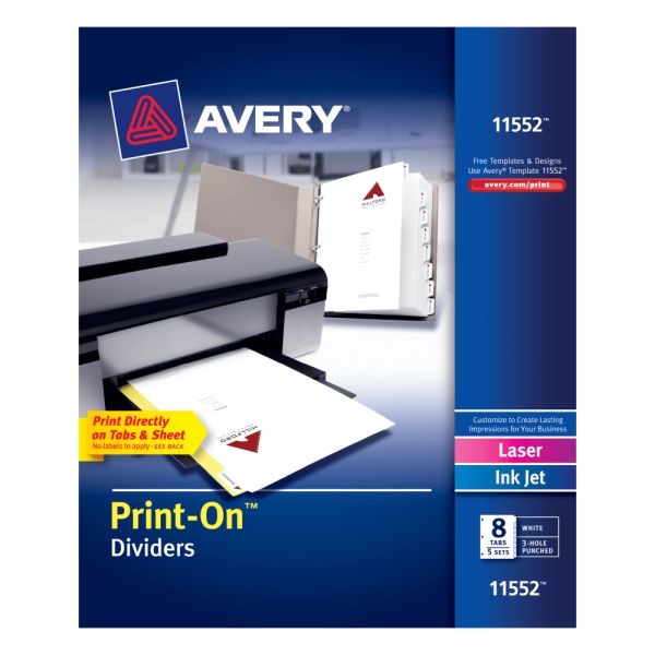 Avery Customizable Print-On Dividers, 8 1/2" X 11", 8 Tab, White, Pack Of 5 Sets