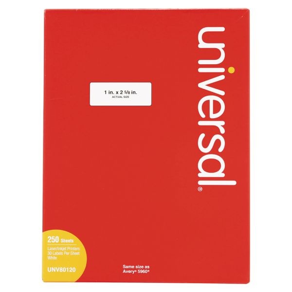 Universal Permanent Inkjet/Laser Labels Rectangle, 1" X 2 5/8", White, Box Of 7,500