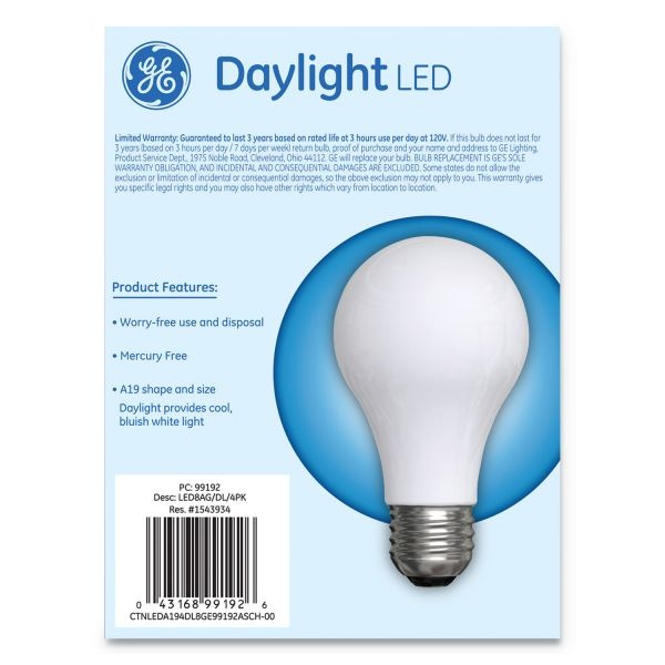 Ge Classic Led Daylight Non-Dim A19 Light Bulb, 8W, 4/Pack
