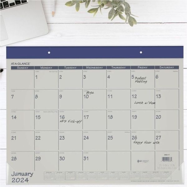 At-A-Glance Fashion Color Desk Pad, 22 X 17, Stone/Blue Sheets, Blue Binding, Clear Corners, 12-Month (Jan To Dec): 2024