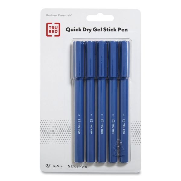 Tru Red Quick Dry Gel Pen, Stick, Medium 0.7 Mm, Blue Ink, Blue Barrel, 5/Pack