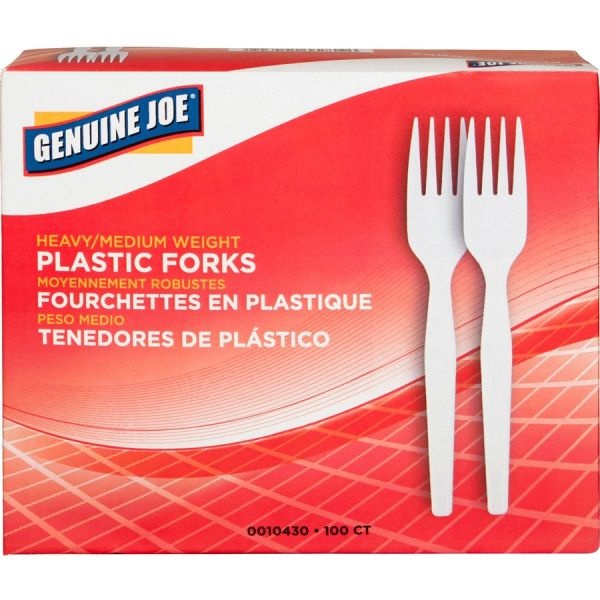 Genuine Joe Heavy/Medium-Weight Polystyrene Forks, White, Box Of 100