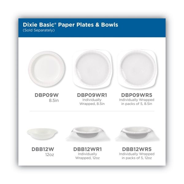 Dixie White Paper Plates, 8.5" Dia, Individually Wrapped, White, 500/Carton