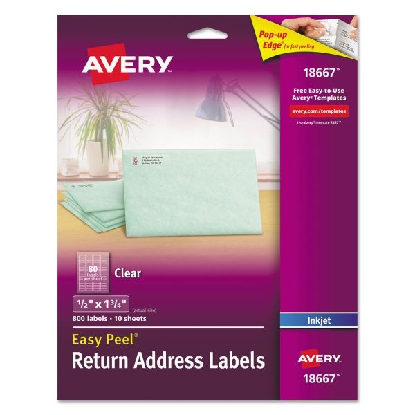 Avery Matte Clear Easy Peel Mailing Labels W/ Sure Feed Technology, Inkjet Printers, 0.5 X 1.75, Clear, 80/Sheet, 10 Sheets/Pack