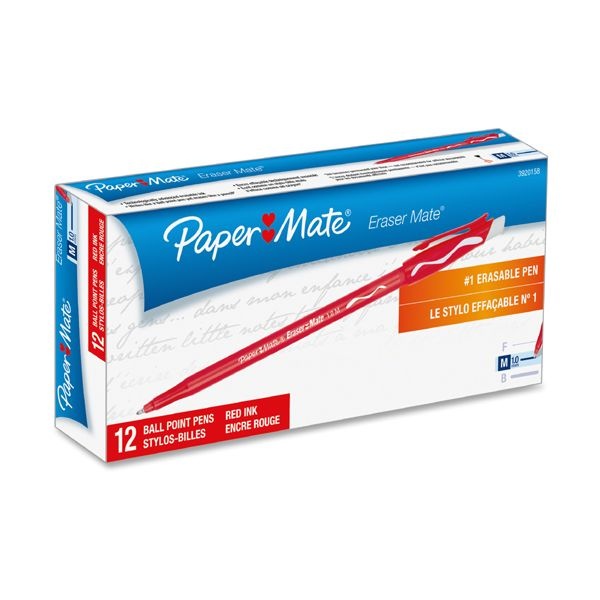 Paper Mate Eraser Mate Ballpoint Pen, Stick, Medium 1 Mm, Red Ink, Red Barrel, Dozen