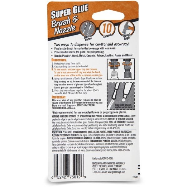 Gorilla Super Glue With Brush And Nozzle Applicators, 0.35 Oz, Dries Clear