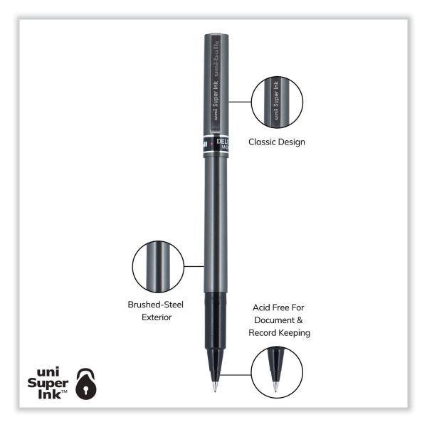 Uniball Deluxe Roller Ball Pen, Stick, Extra-Fine 0.5 Mm, Black Ink, Metallic Gray/Black Barrel, Dozen