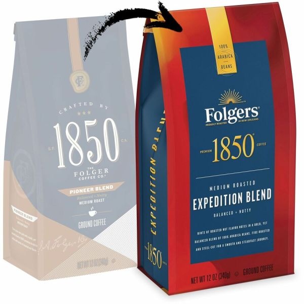 1850 Coffee, Pioneer Blend, Medium Roast, Ground, 12 Oz Bag, 6/Carton