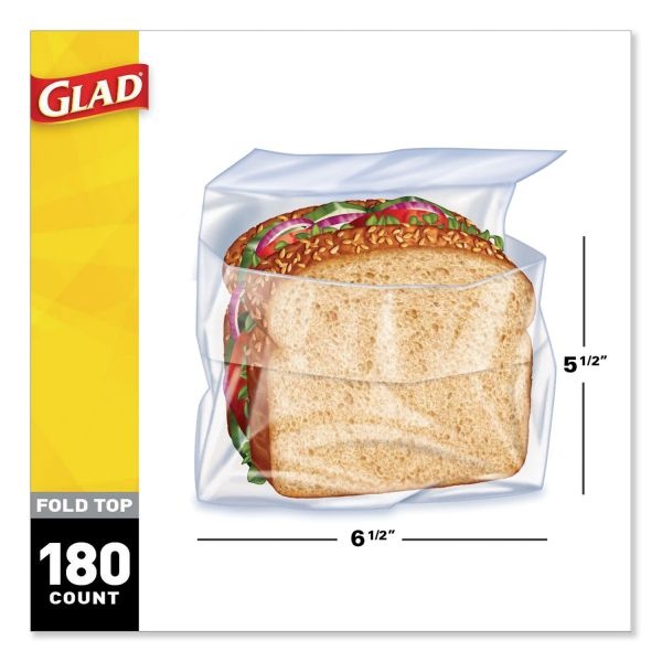 Glad Fold-Top Sandwich Bags, 6.5" X 5.5", Clear, 180/Box, 12 Boxes/Carton