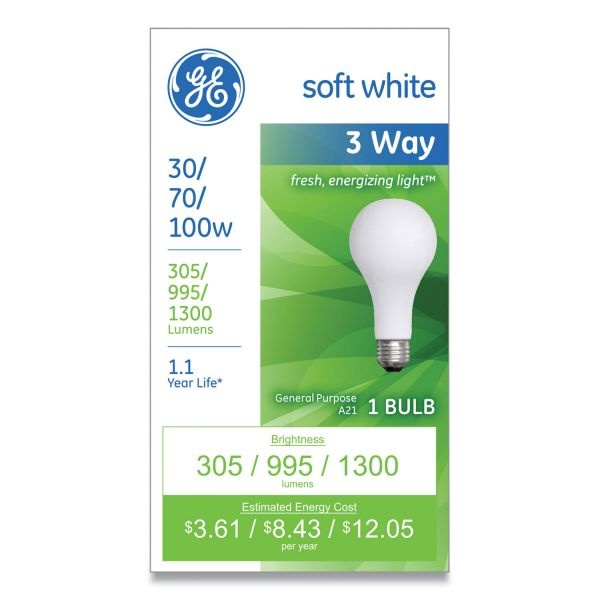Ge Incandescent Sw 3-Way A21 Light Bulb, 30 W/70 W/100 W, Soft White