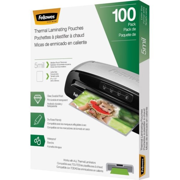 Fellowes Thermal Laminating Pouches, Letter, 5 Mil, 11 1/2" X 9", Clear, Pack Of 100