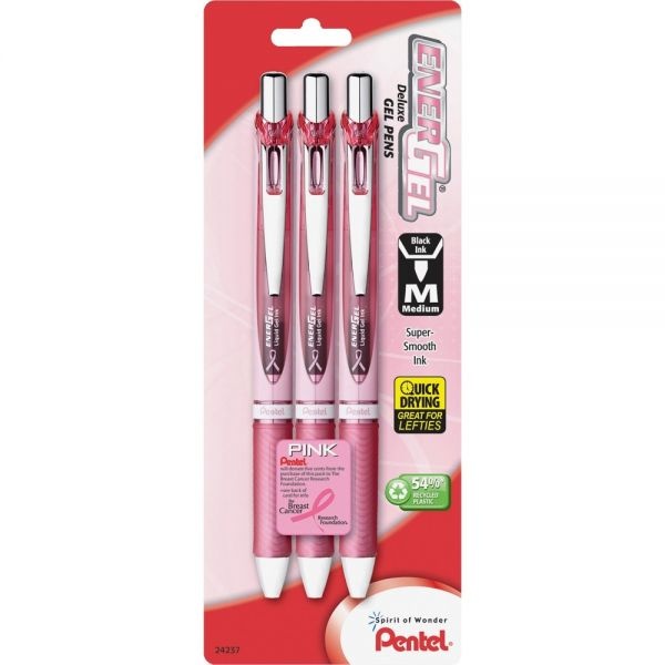 Pentel Energel Rtx Gel Pen, Retractable, Medium 0.7 Mm, Black Ink, Pink/Silver Barrel, 3/Pack