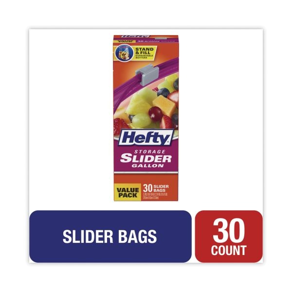 Hefty Slider Bags, 1 Gal, 1.5 Mil, 10.56" X 11", Clear, 30/Box