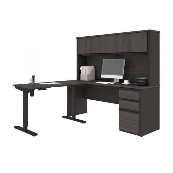 Bestar Prestige + Height Adjustable L-Desk With Hutch In Bark Gray & Slate