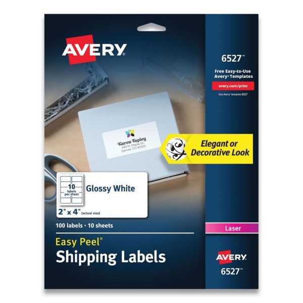 Avery Glossy White Easy Peel Mailing Labels With Sure Feed Technology, Laser Printers, 4 X 2, White, 10/Sheet, 10 Sheets/Pack