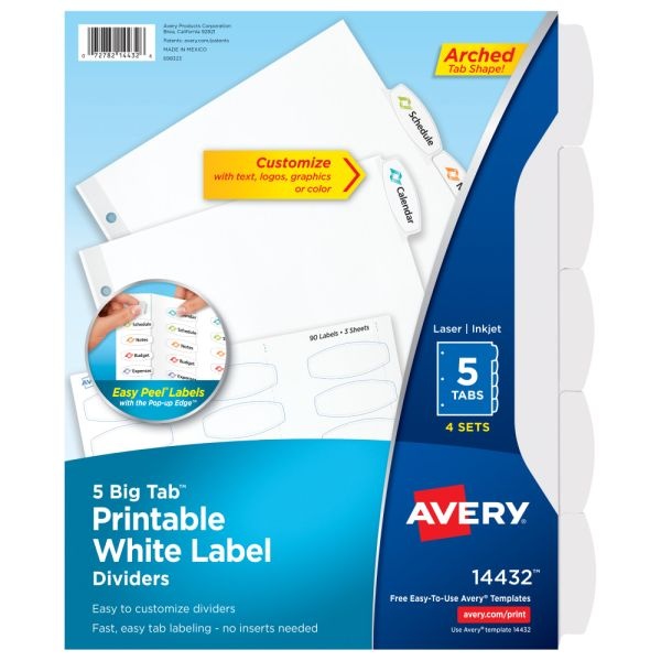 Avery Easy Peel Pop-Up Edge Label Dividers, 8 1/2" X 11", 5-Tab, White, Pack Of 4