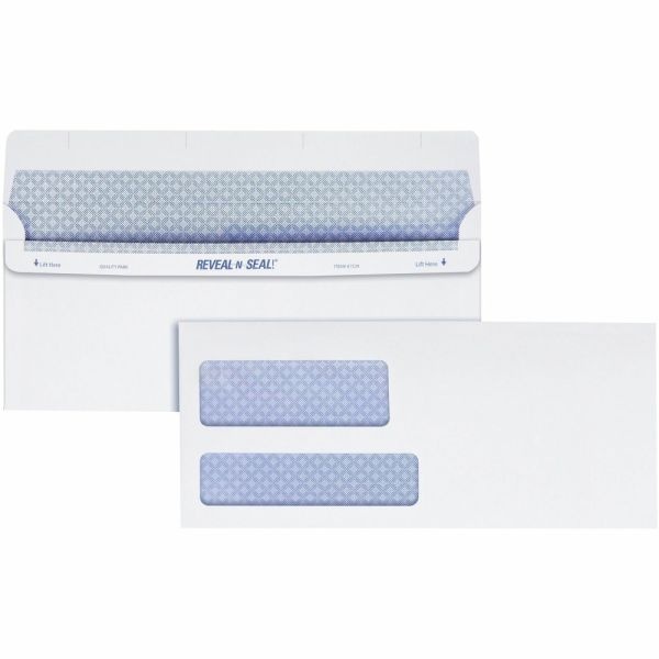 Quality Park #9 Reveal-N-Seal Business Security Double-Window Envelopes, Left Windows (Top/Bottom), Self Seal, White, Box Of 500