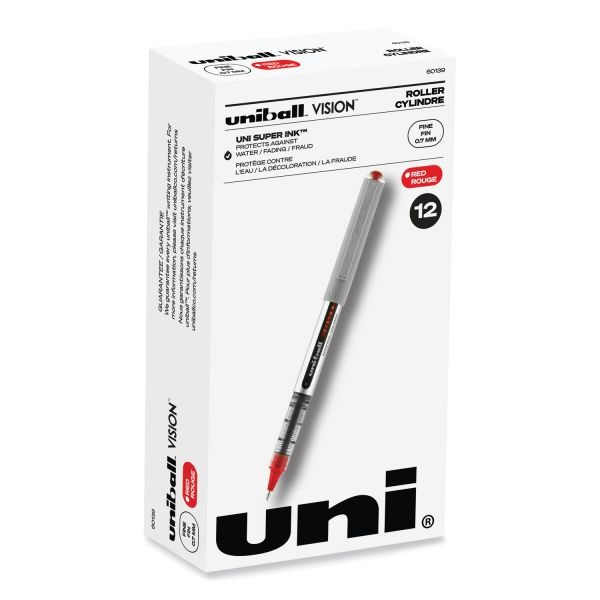 Uniball Vision Roller Ball Pen, Stick, Fine 0.7 Mm, Red Ink, Silver/Red/Clear Barrel, Dozen