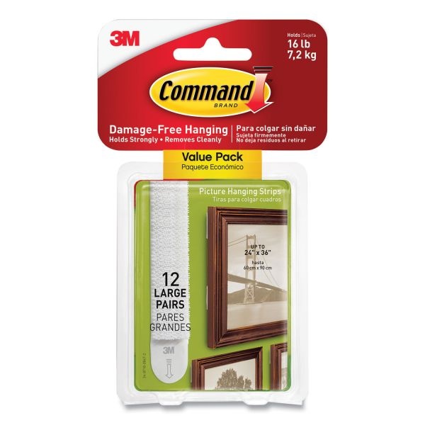 Command Picture Hanging Strips, Large, Removable, Holds Up To 4 Lbs Per Pair, 0.75 X 3.65, White, 12 Pairs/Pack