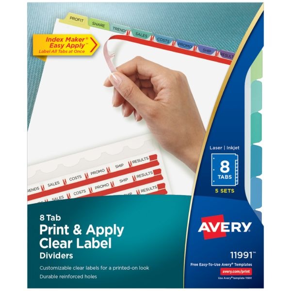 Avery Customizable Index Maker Dividers For 3 Ring Binder, Easy Print & Apply Clear Label Strip, 8 Tab, Pastel Tabs, Pack Of 5 Sets