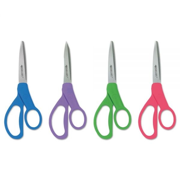 Westcott Student Scissors With Antimicrobial Protection, Pointed Tip, 7" Long, 3" Cut Length, Randomly Assorted Straight Handles