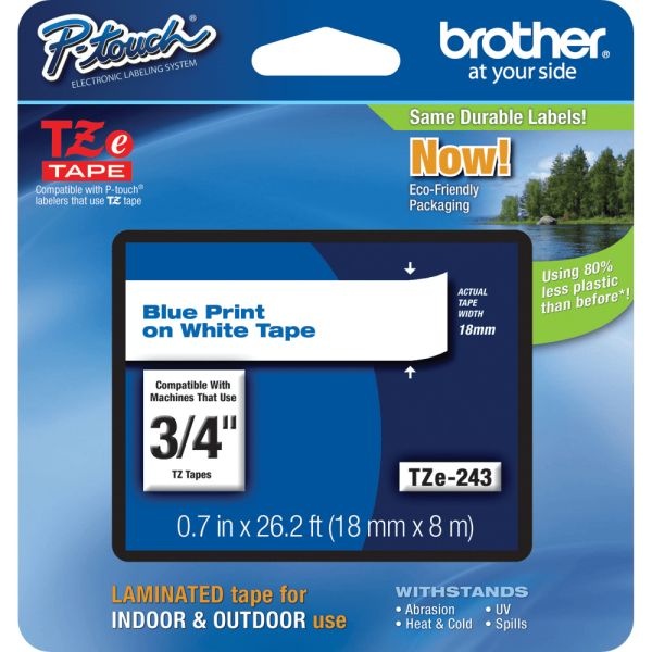 Brother Tze-243 Blue-On-White Tape, 0.75" X 26.2'