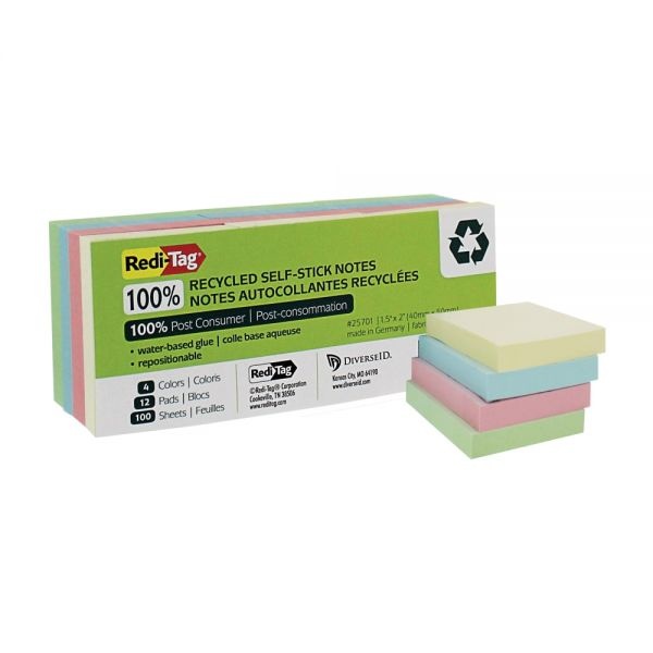 Redi-Tag 100% Recycled Self-Stick Notes, 1.5" X 2", Assorted Pastel Colors, 100 Sheets/Pad, 12 Pads/Pack