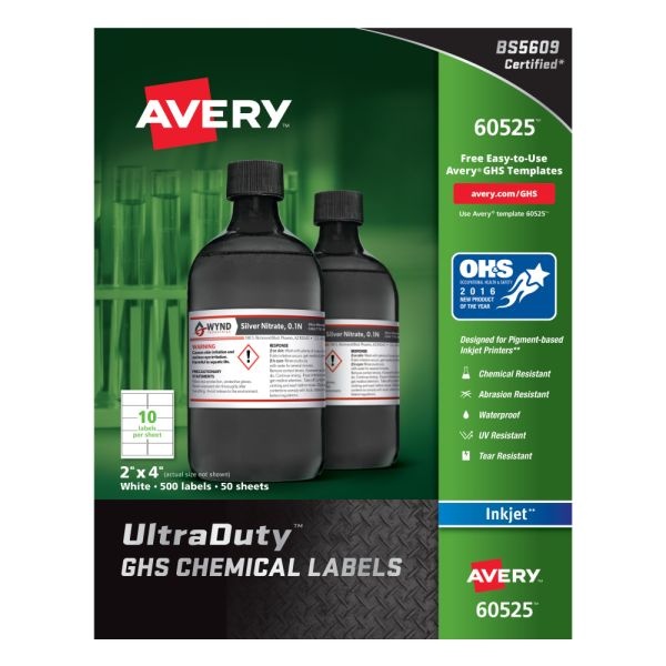 Avery Ultraduty Ghs Chemical Labels For Pigment-Based Inkjet Printers, 60525, 2" X 4", White, Pack Of 500