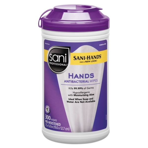 Sani Professional Antibacterial Wipes, 5 X 7.5, White, 300 Wipes/Canister