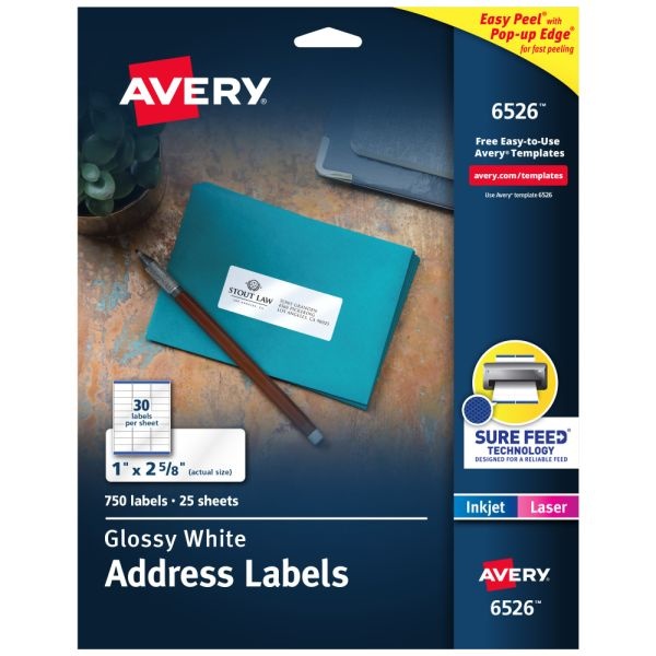 Avery Address Labels With Sure Feed And Easy Peel Technology, 6526, Rectangle, 1" X 2-5/8", Glossy White, Pack Of 750