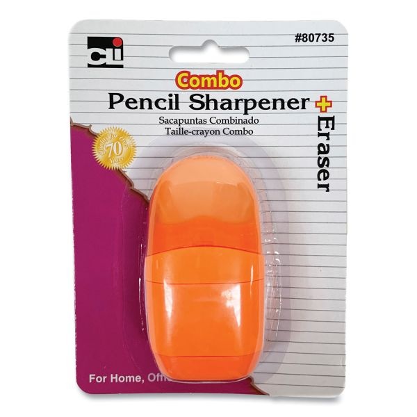 Charles Leonard One-Hole Pencil Sharpener/Eraser Combo, 1" X 0.75", Randomly Assorted Colors