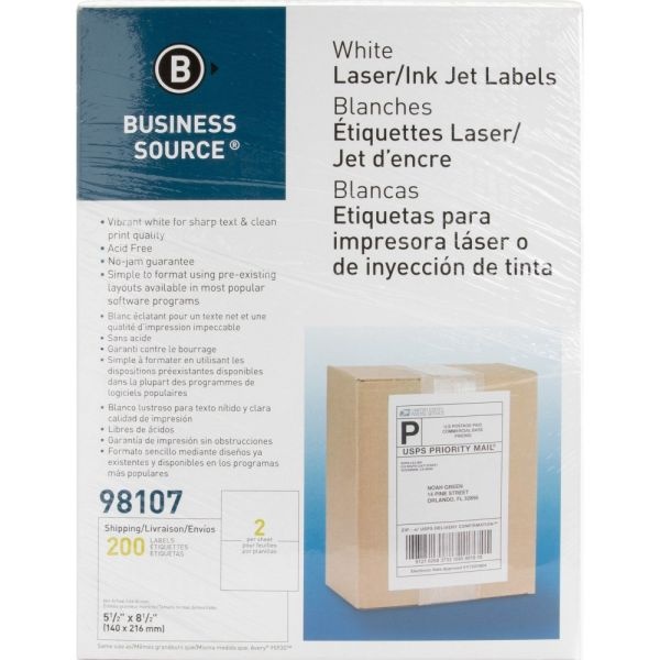 Business Source Bright White Premium-Quality Internet Shipping Labels - 5 1/2" Width X 8 1/2" Length - Permanent Adhesive - Rectangle - Laser, Inkjet - Bright White - 2 / Sheet - 250 Total Sheets - 500 / Box