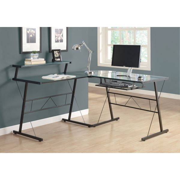 Computer Desk, Home Office, Corner, L Shape, Work, Laptop, Black Tempered Glass, Clear Tempered Glass, Contemporary, Modern