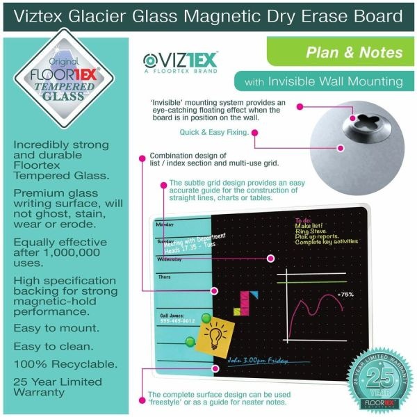 Viztex Glacier Teal & Black Plan & Grid Glass Dry Erase Board - 17" X 23"