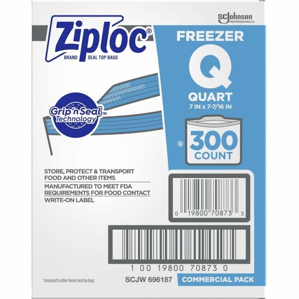 Ziploc Double Zipper Freezer Bags, 1 Qt, 2.7 Mil, 7" X 7.75", Clear, 300/Carton
