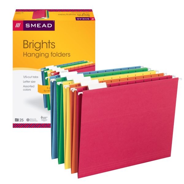 Smead Hanging File Folders, 1/5-Cut Tab, Letter Size, Assorted Primary Colors, Box Of 25