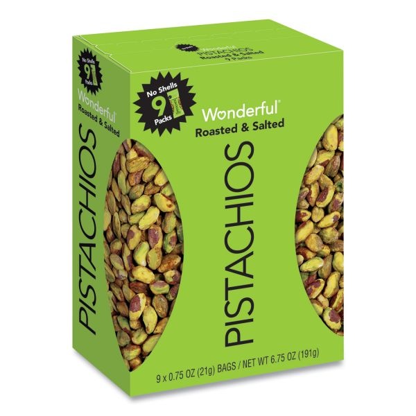 Paramount Farms Wonderful No Shells Pistachios, Roasted And Salted, 0.75 Oz Bag, 9 Bags/Box, 4 Boxes/Carton