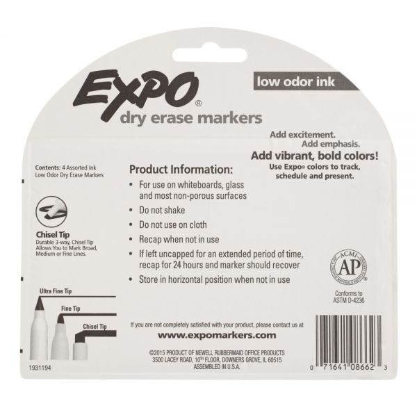 Expo Low-Odor Dry-Erase Markers, Chisel Point, Pastel Colors, Pack Of 4