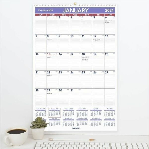 At-A-Glance Monthly Wall Calendar With Ruled Daily Blocks, 20 X 30, White Sheets, 12-Month (Jan To Dec): 2024