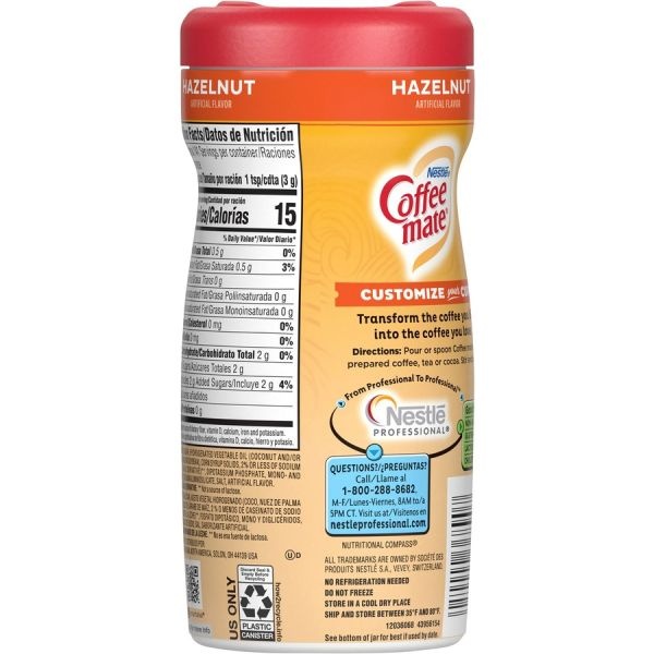 Coffee Mate Non-Dairy Powdered Creamer, Hazelnut, 15 Oz Canister, 12/Carton