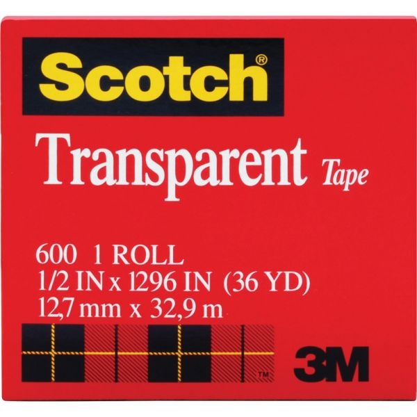 Scotch Transparent Tape, 1" Core, 0.5" X 36 Yds, Transparent